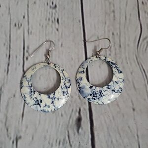Vintage Marbled Blue Cream Circle Drop Earrings
